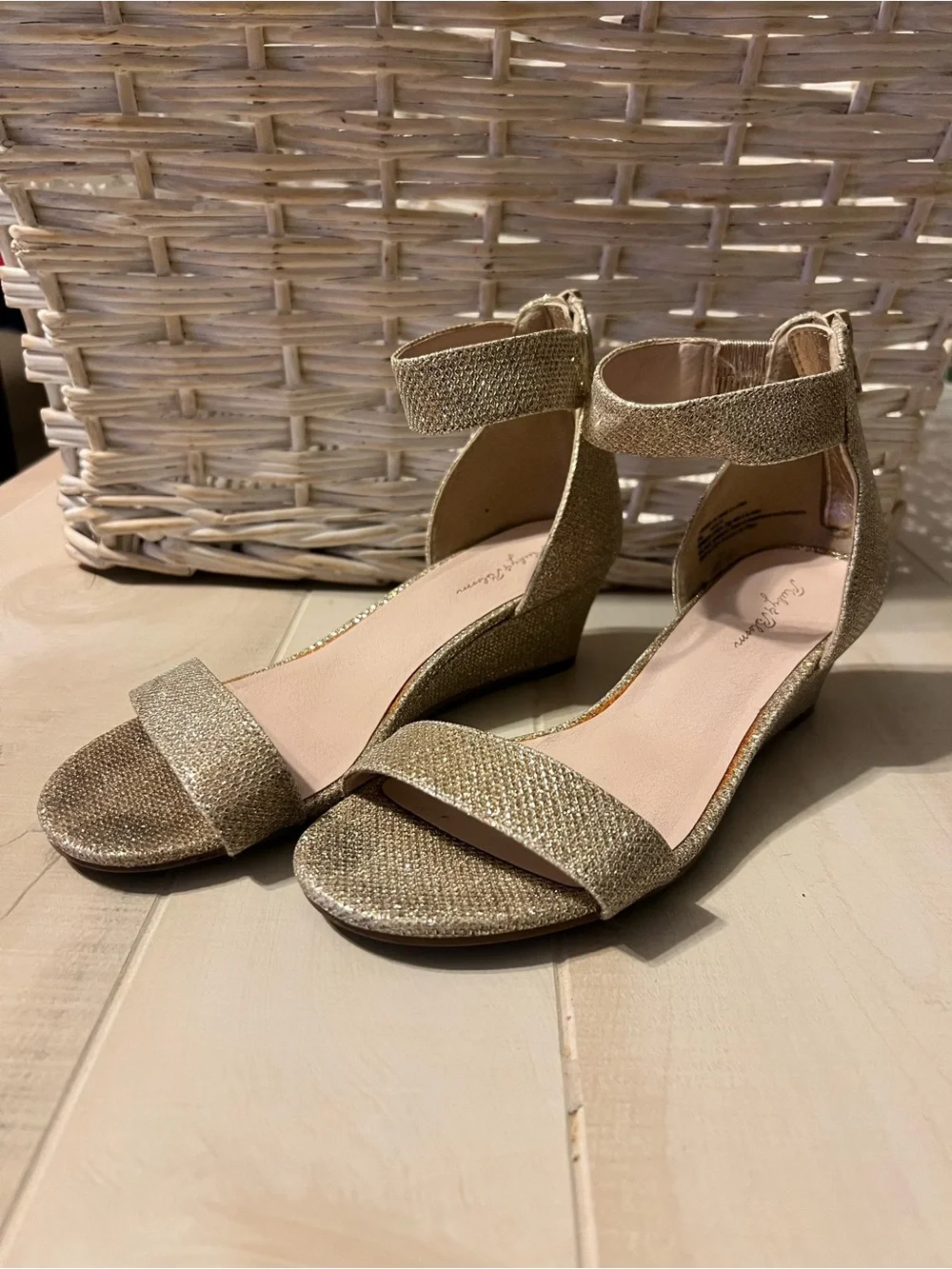 ruby & bloom Gold Glitter Ankle-Strap Wedge Sandals